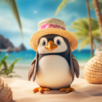 Cartoon Pinguin mit Jacke und Strohhut. Er steht auf einem Strand mit Palmen und dahinter liegt das Meer.