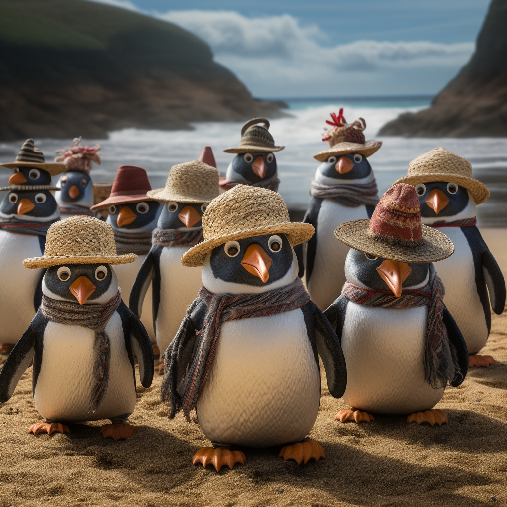 Cartoon-artige Pinguine stehen am Strand. Jeder trägt eine andere Art von Strohhut und einen Schal