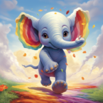 Laufender Cartoon Elefant mit flatternden Ohren in Regenbogenfarbe. Er läuft mit einem Lächeln über eine bunte Wiese
