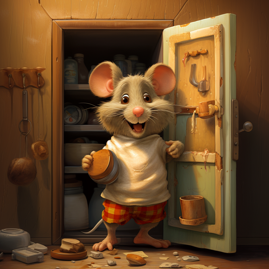 Cartoon Maus in Pullover und Hose steht freudenstrahlend in einer offenen Tür und hält ein Keks in der Hand.