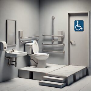 Eine nicht barrierefreie Toilette mit schmalen Türen, hohen Waschbecken, fehlenden Haltegriffen und Stufen. Der Raum ist eng und für Rollstuhlfahrer ungeeignet