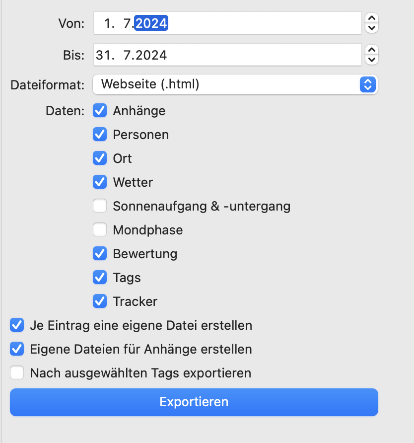 Exportmenü der Diarium App. Genauere Erklärung im Blogtext