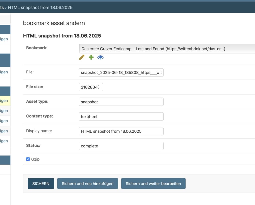Linkding Administrationsoberfläche - Snapshot Verwaltung