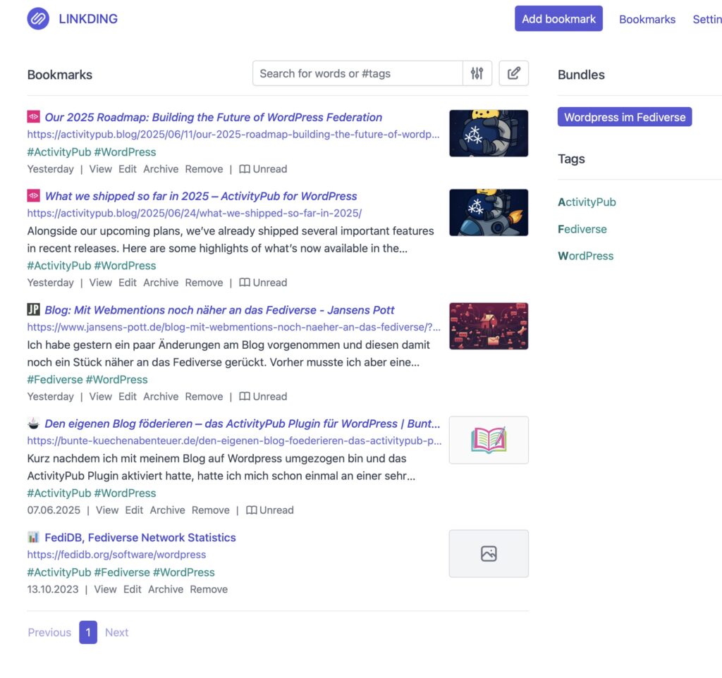 Ansicht eines Bundles in Linkding