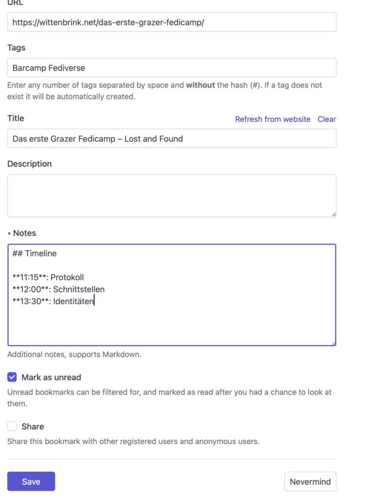 Linkding Eingabemaske für neue Bookmarks - inklusive Möglichkeit für Notizen im Markdownformat