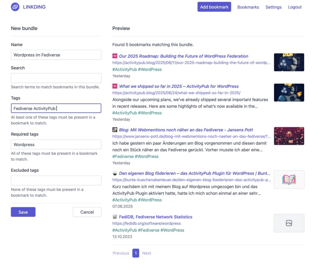 Anlegen eines Bundles in Linkding