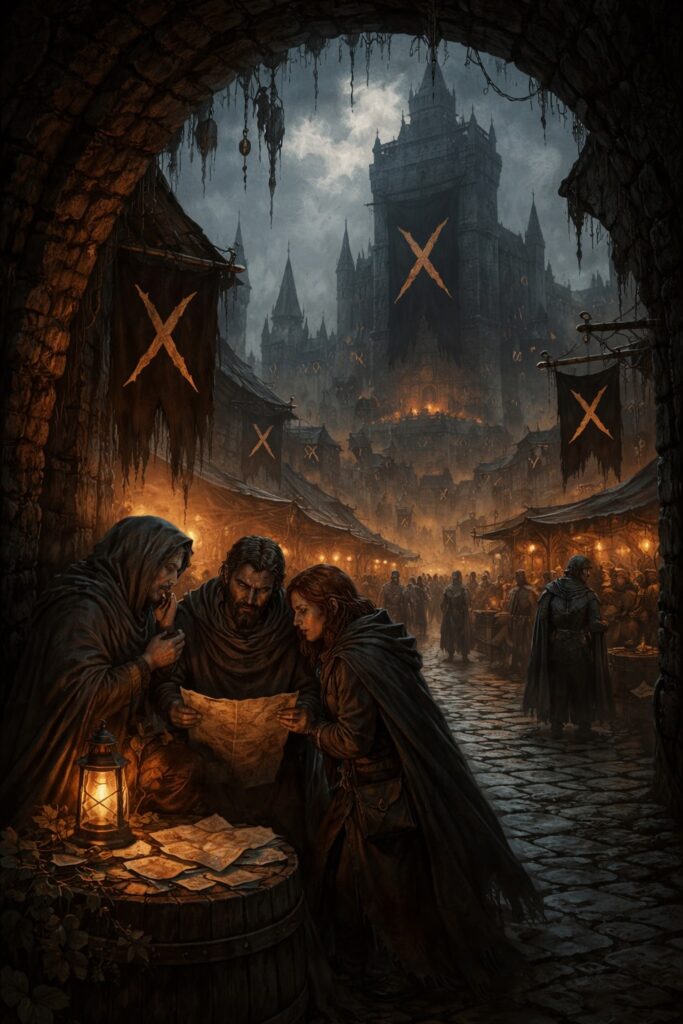 Dunkles Gemälde. Marktszene. Im Vordergrund stehen drei Menschen um einen Plan herum, von einer Laterne beleuchtet wird.
Im Hintergrund sieht man bedrohliche schwarze Gebäude auf denen ein "X" prangt.