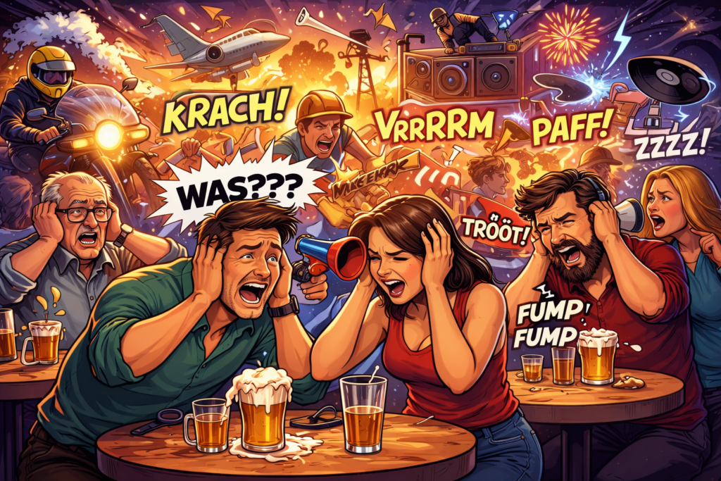 Comicartige Illustration eines überfüllten Lokals: Mehrere Menschen sitzen an Tischen, halten sich genervt die Ohren zu oder versuchen vergeblich, miteinander zu sprechen. Um sie herum prasseln verschiedenste Lärmquellen auf sie ein – dröhnende Lautsprecher, Motorradgeräusche, Baustellenlärm, ein Megafon, Fluglärm und laute Knalleffekte. Sprechblasen und Geräuschwörter verdeutlichen das akustische Chaos.