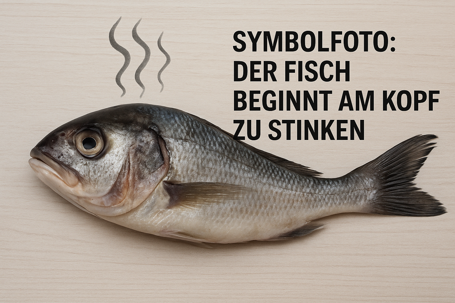 Ein toter, ganzer Fisch liegt auf einer hellen Holzoberfläche. Über seinem Kopf steigen drei stilisierte, graue Wellenlinien auf, die Geruch andeuten. Rechts daneben steht in großen schwarzen Buchstaben: „SYMBOLFOTO: DER FISCH BEGINNT AM KOPF ZU STINKEN“.