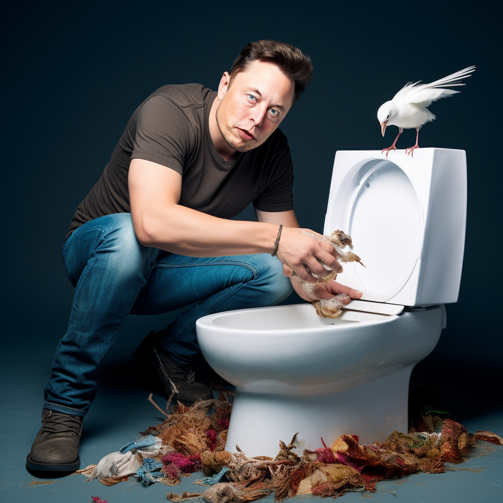 Zeichnung. Elon Musk hockt vor einer Klomuschuel und rupft einen Vogel. Rund um die Muschel liegen tote hühnerähnliche Vögel. Auf dem WC hockt ein lebendiger Vogel, der auf das Geschehen starrt. 