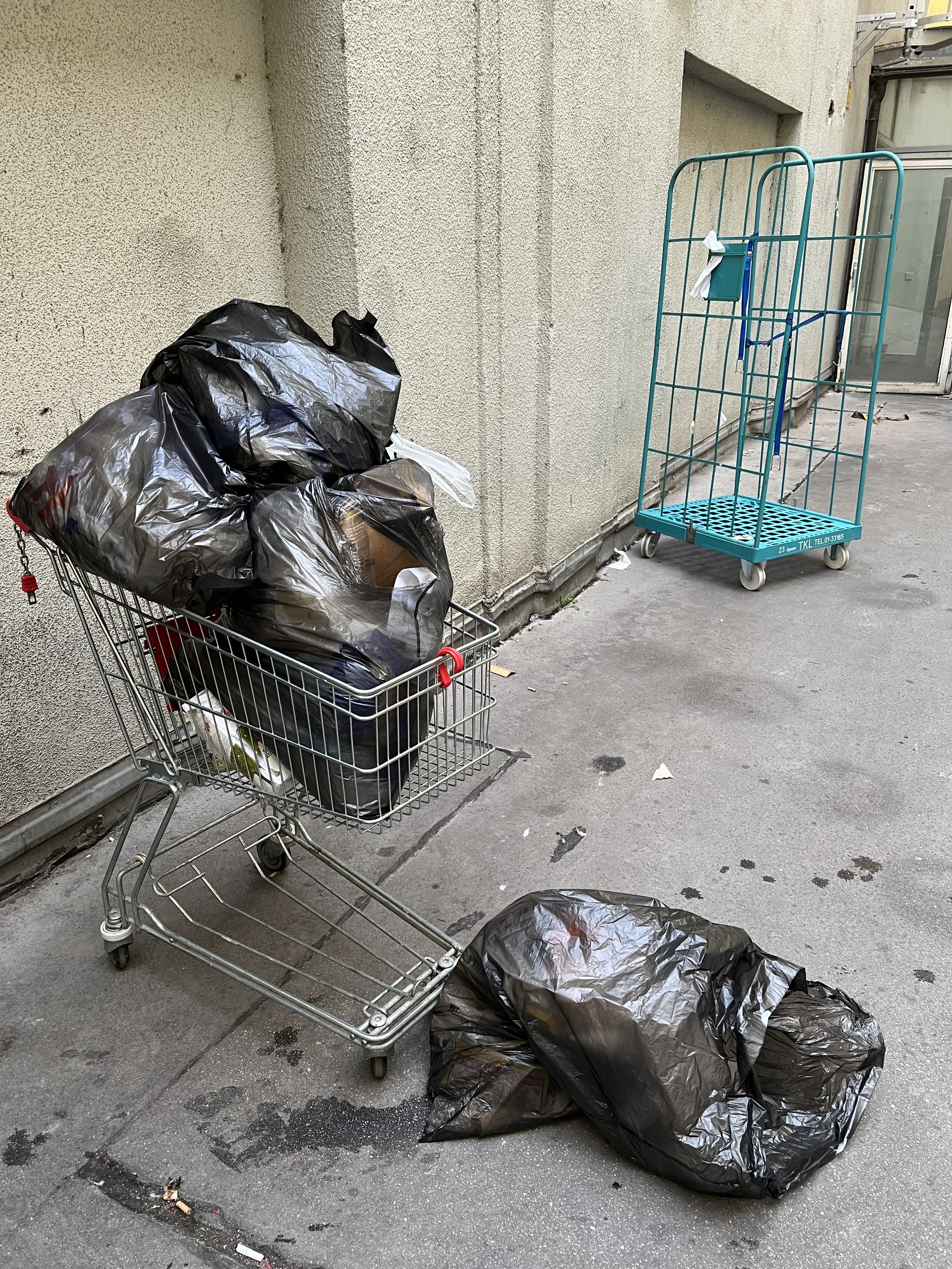 Ein Einkaufswagen voller schwarzer Müllsäcke steht neben einer grünen Metallkarre in einer engen Gasse. Ein zusätzlicher Müllsack liegt auf dem Boden neben dem Einkaufswagen.