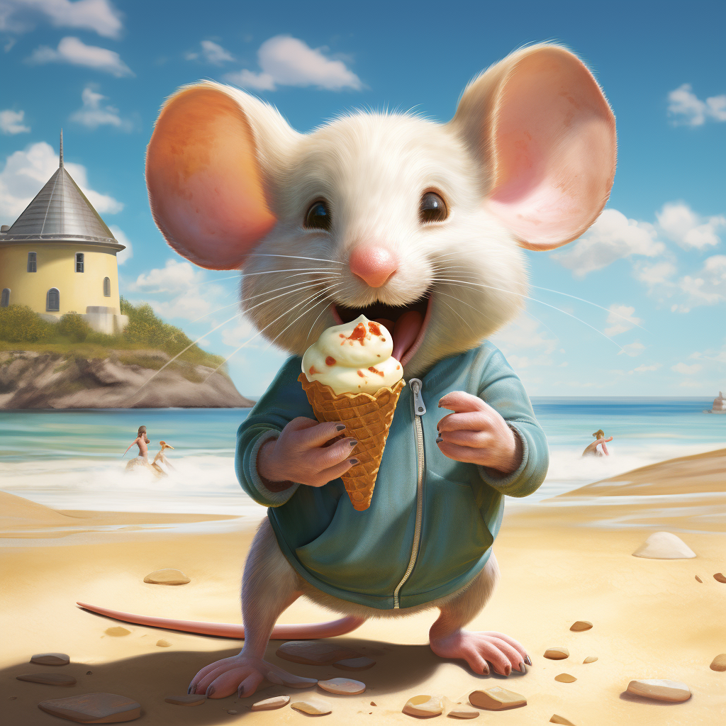 Cartoon Mouse steht am Strand und leckt ab einer Tüte mit Eis. Sie trägt eine grüne Jacke und lacht. Dahinter Meer und ein Turmartiges Haus auf einem Hügel. 