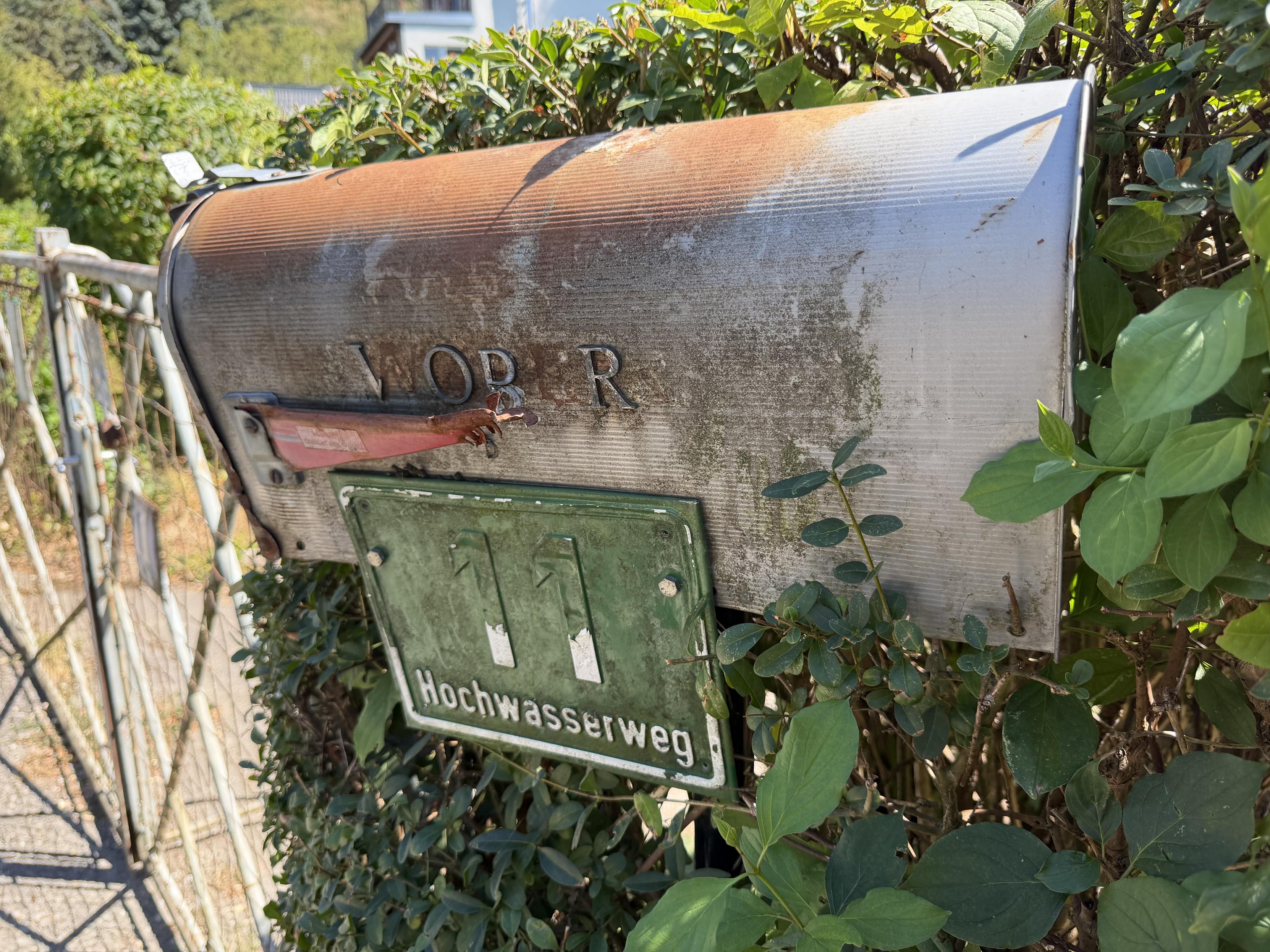 Verrosteter Briefkasten und darauf angebrachtes Hausnummernschild auf einer grünen Hecke, Umgebung mit Zaun.