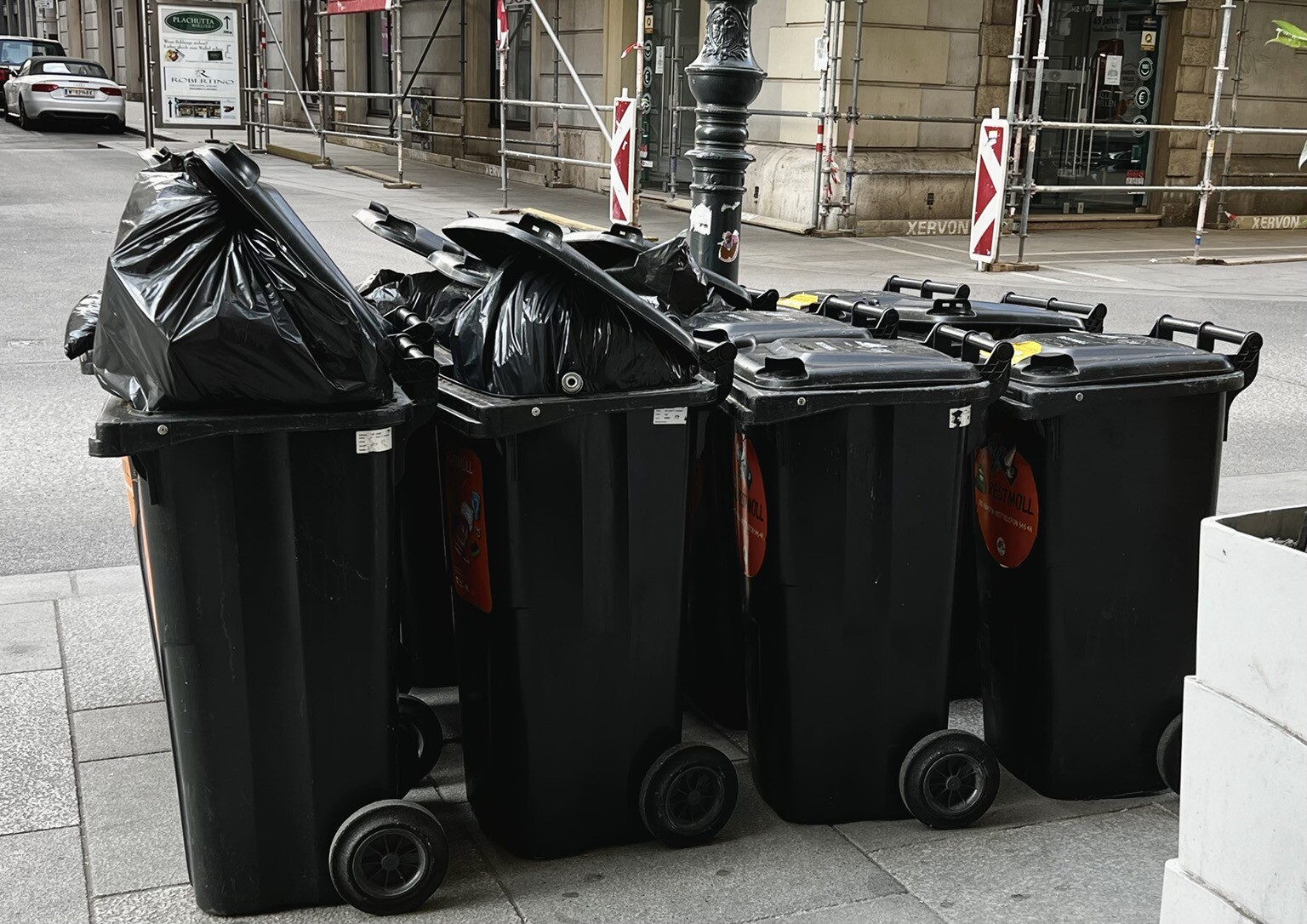 Mistkübel in Zweierreihe, dicht gedrängt. Die vorderen sind mit Plastiksäcken vollgefüllt