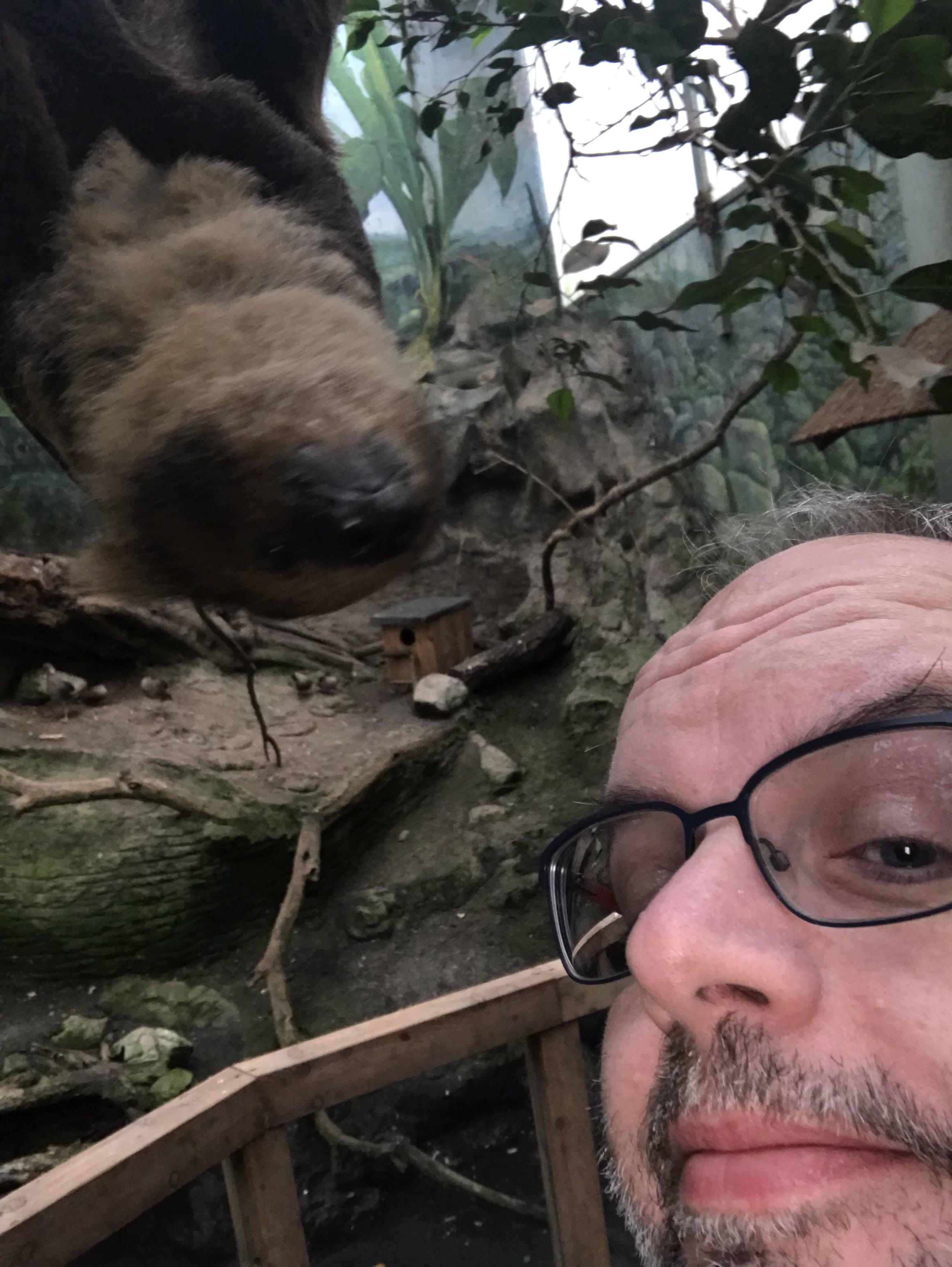 Selfie von Robert mit Faultier, dass von oben herabhängt. 