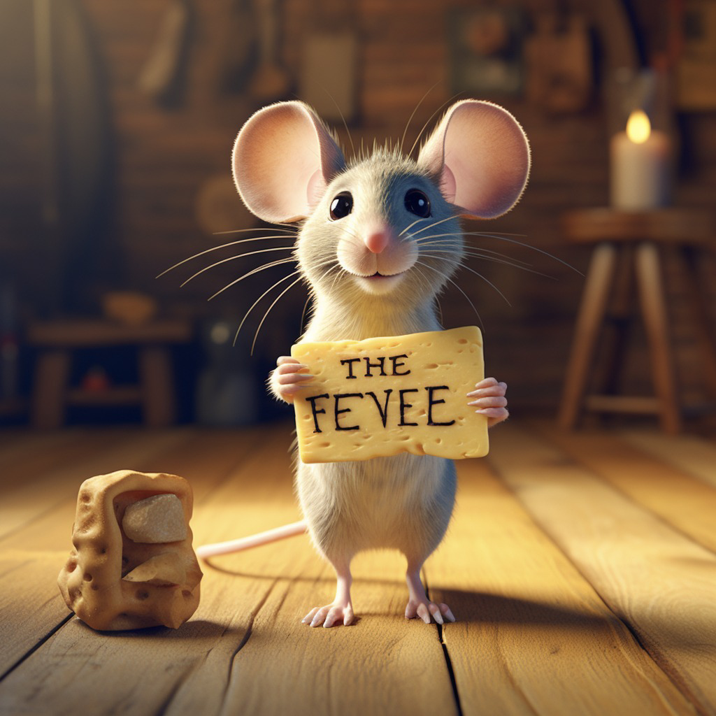 Cartoon Maus auf Hinterpfoten stehend. In den Vorderpfoten hält sie ein Schild mit der Aufschrift „THE FEVEE“. 
