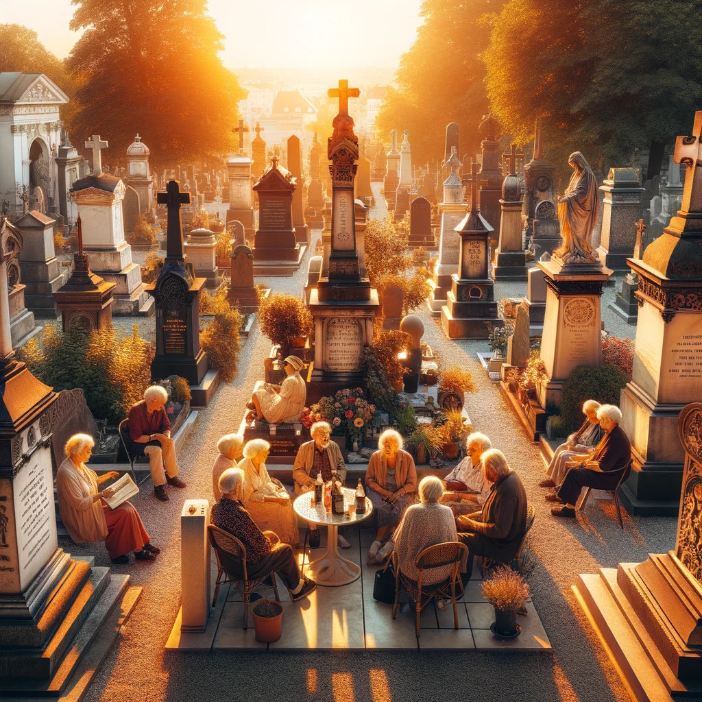 Das Bild zeigt einen historischen Friedhof  mit kunstvollen Grabsteinen. Diverse Besucher sind zu sehen, wie sie zwischen den Grabsteinen zusammensitzen, etwas trinken und reden . Die untergehende Sonne wirft ein warmes Licht über die Szene und betont die friedvolle Atmosphäre des Ortes.