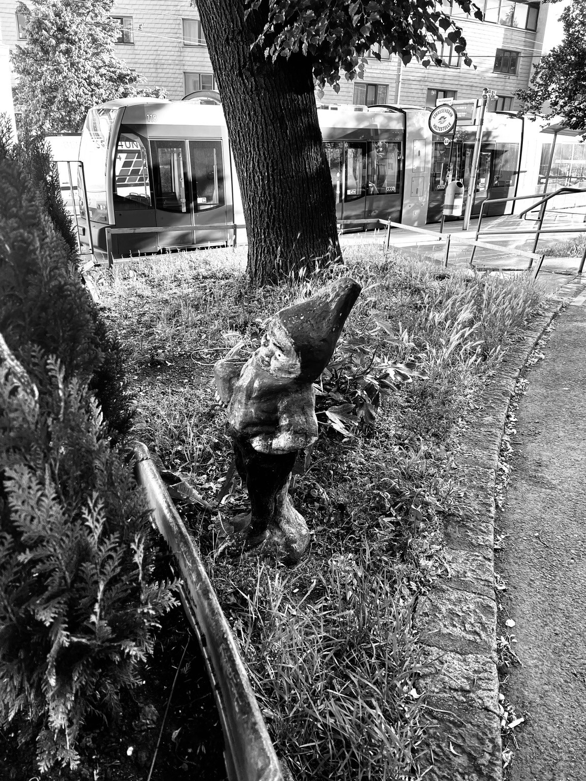 Gartenzwerg auf einem Stück Wiese. Dahinter Straße und Straßenbahn