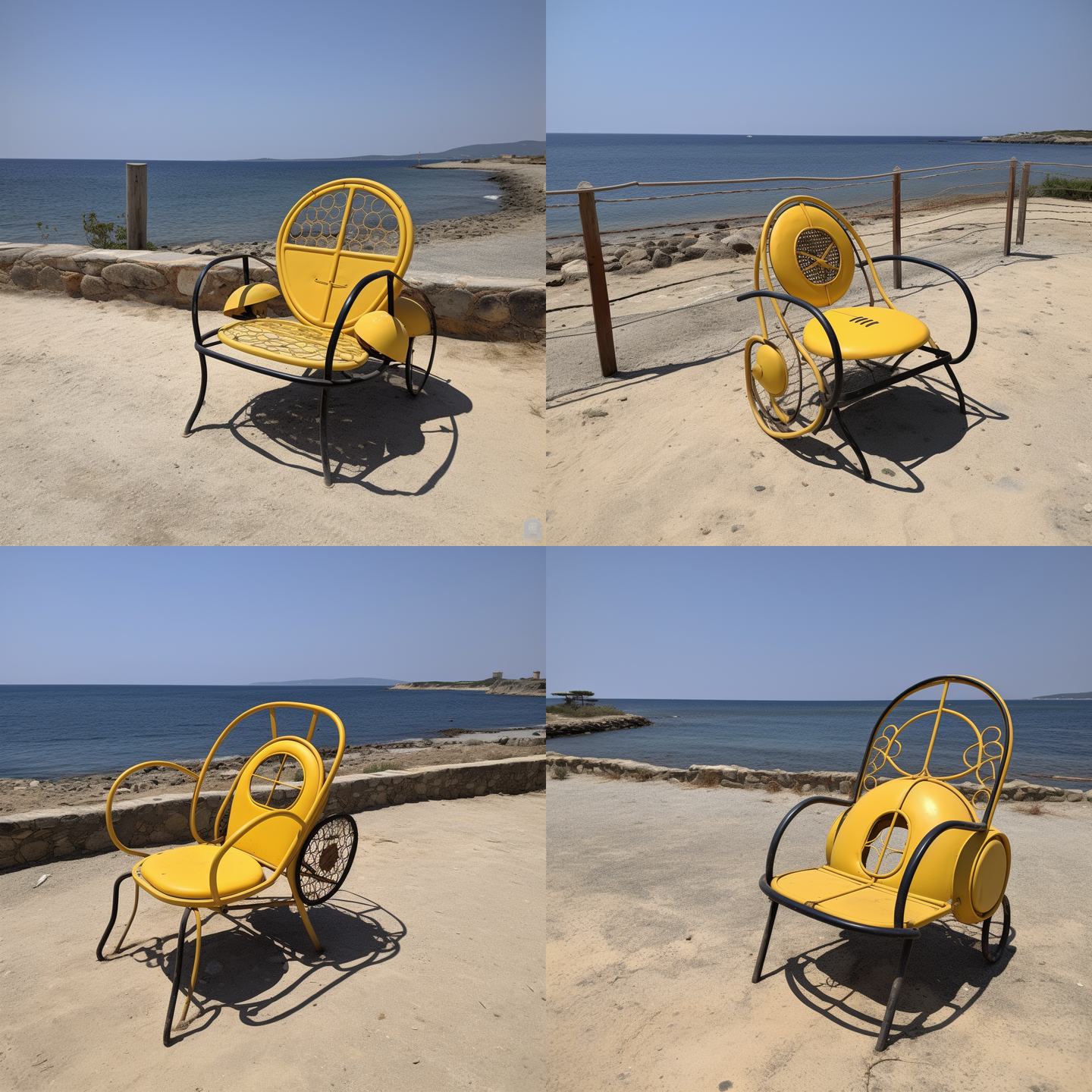 Vier Fotos von unterschiedlichen Metallsesseln an der Meeresküste. Die Sessel beinhalten autoähnliche Bauteile wie Reifen, Kühlerhaube, Radabdeckung. 
